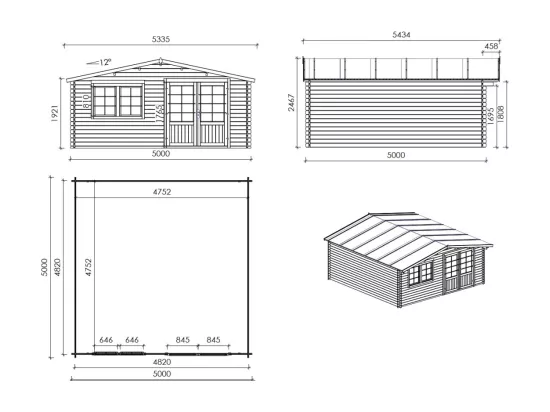 Abri de jardin en bois - 25m2 - 5x5m - Ep. 34mm - Couleur: naturel - DOM722 - ALTANKA