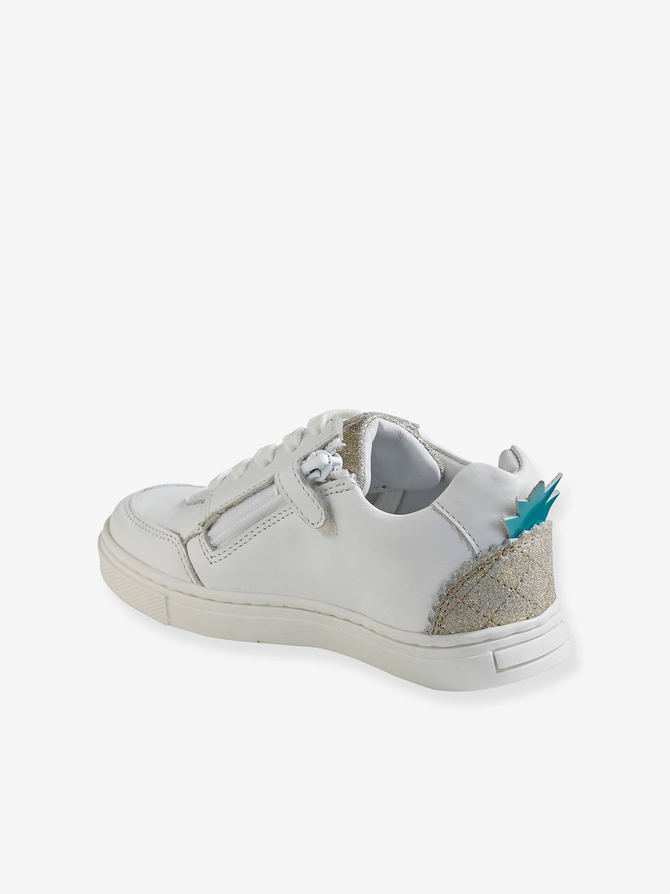 Tênis de couro cor abacaxi para meninas, branco claro liso com estampas.