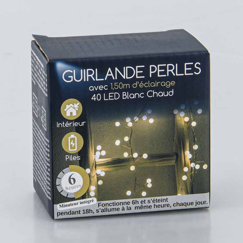 Guirlande perles 40 led blanc chaud