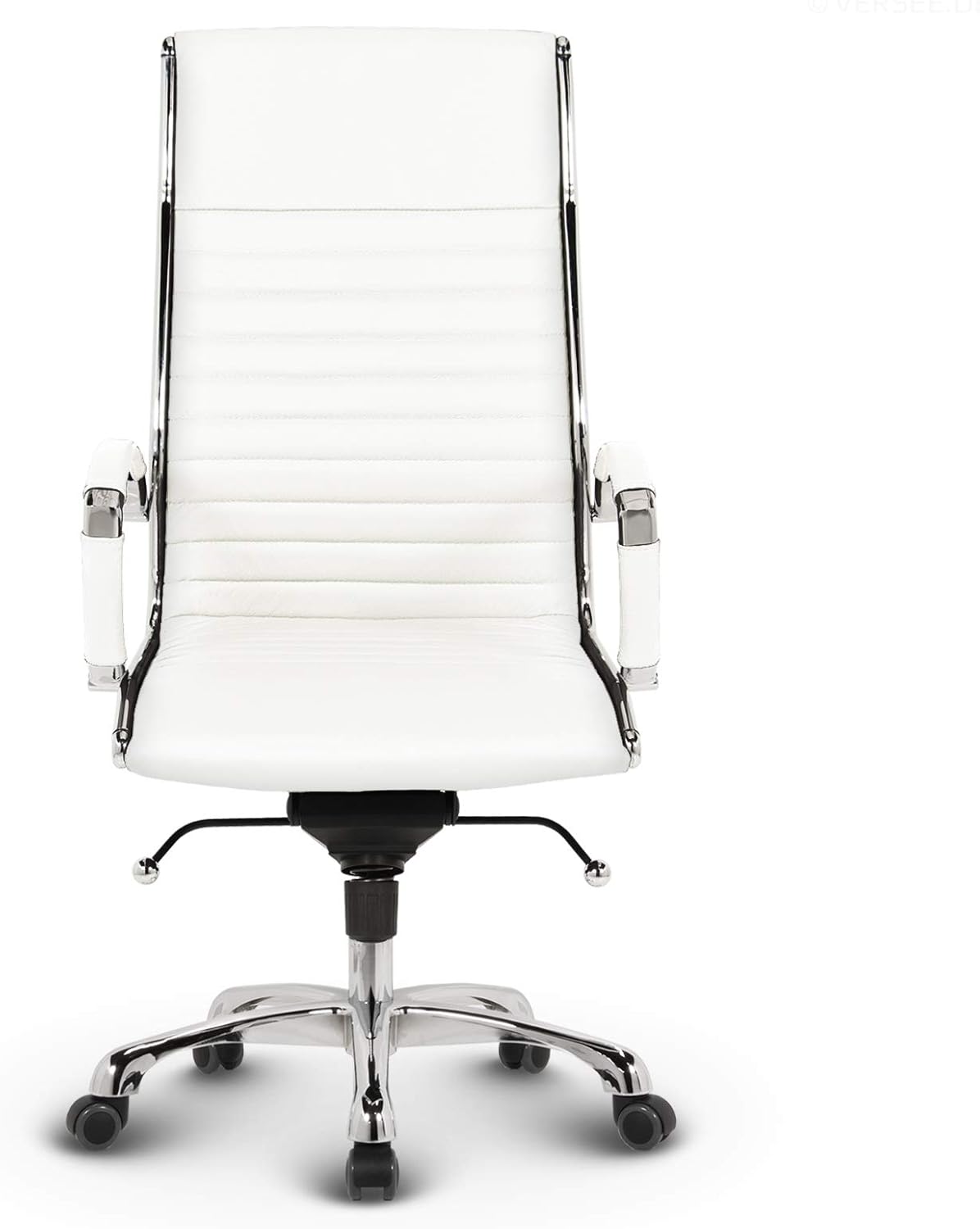 VERSEE Premium Echt-Leder Chefsessel Montreal in Weiss - Ergonomischer Designstuhl für Büro und Home-Office - Sitzhöhe 46-54cm - Belastbar bis 150kg