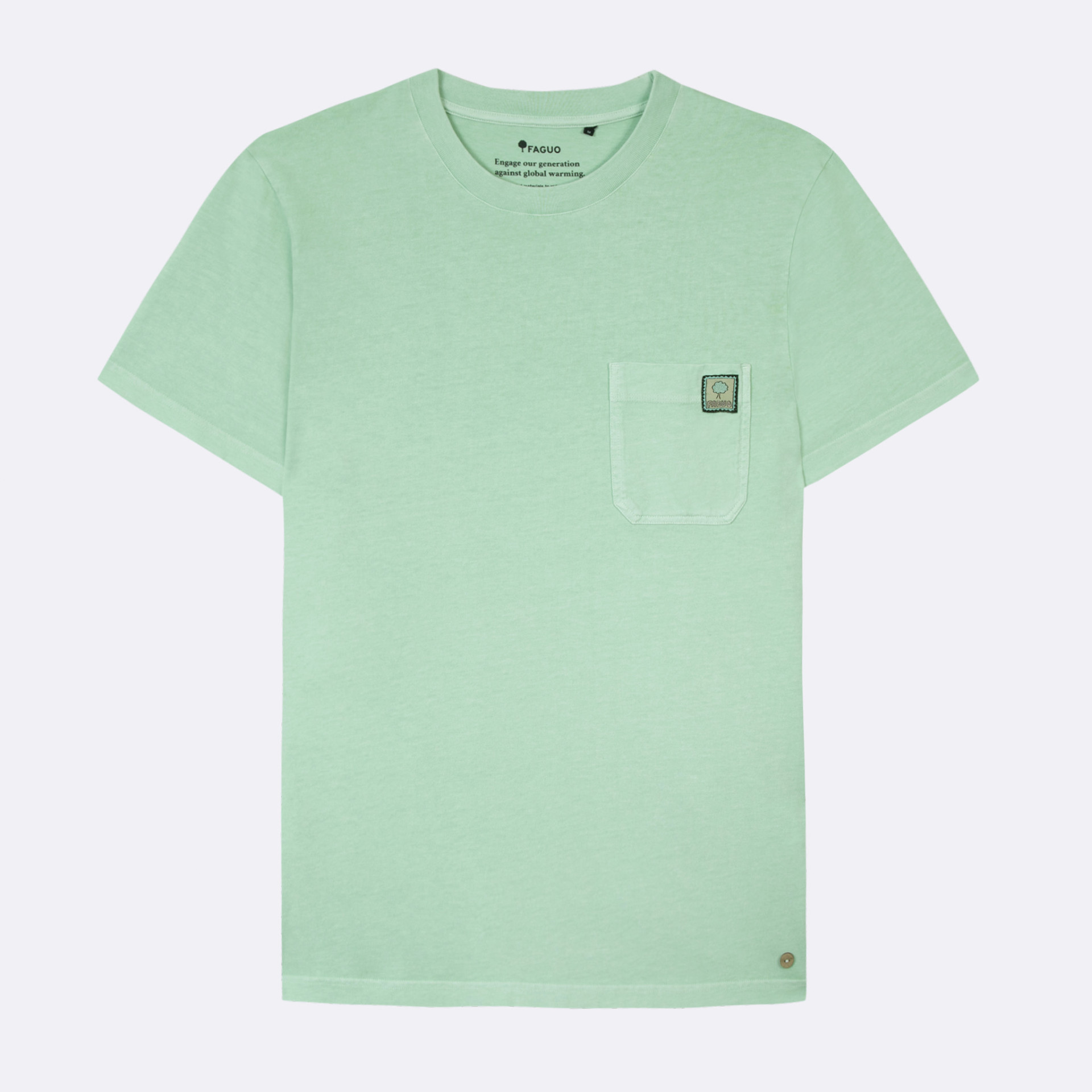 T-shirt vert jade etiquette tissée arbre rétro coton et coton recyclé - modèle migne