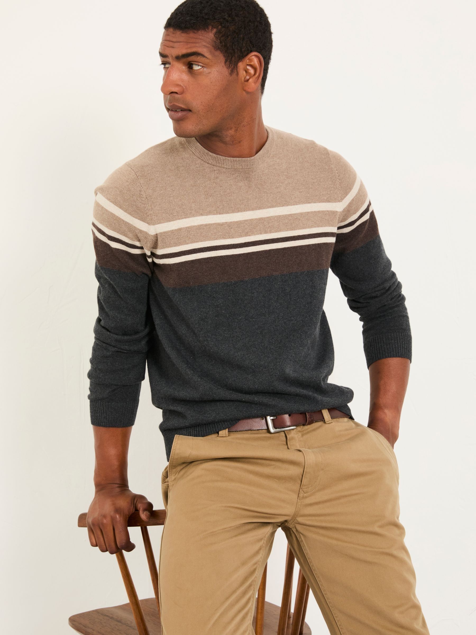 Antraciet - FatFace Stripe Crew Neck Knitted Jumper