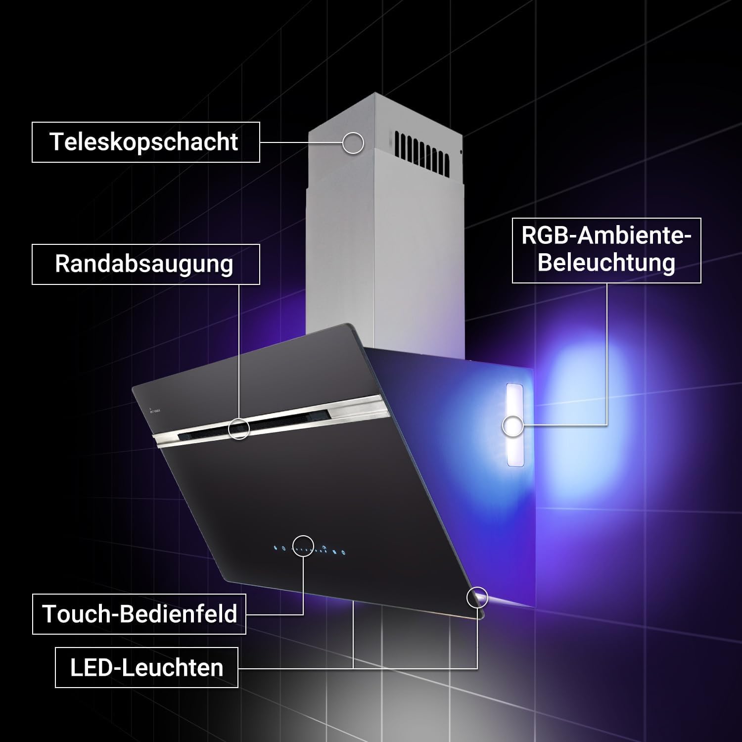 KKT KOLBE A+++ Dunstabzugshaube 80 cm 782 cbm/h Umluft Abluft Kopffrei Wandhaube | Schwarz Silber Edelstahl | Glas | Nachlaufautomatik | Smart WiFi App WLAN | SensorTouch | RGBW LED | AURORA8005SE