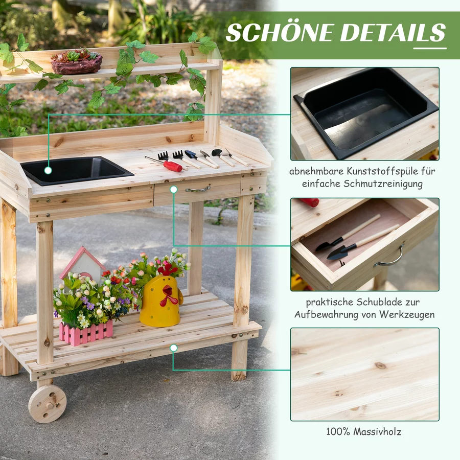Outsunny Gärtnertisch mit Waschbecken und Rollen holz