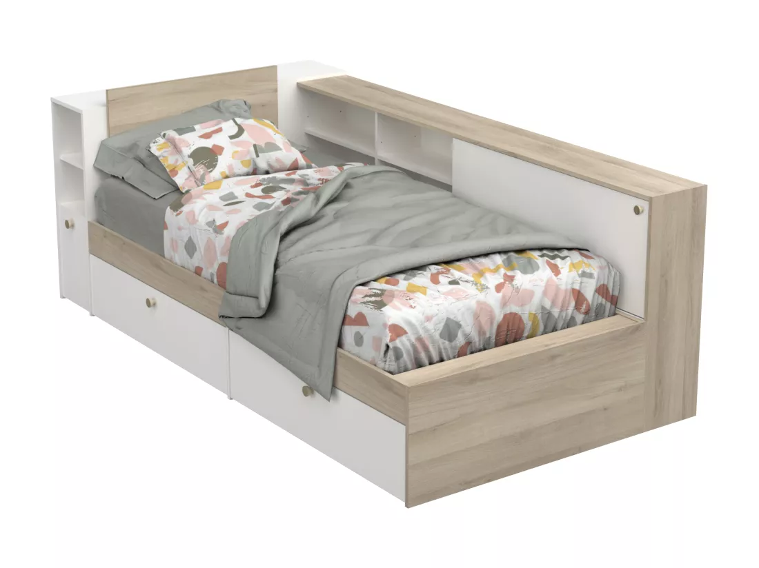Lit modulable 90 x 190/200 cm avec rangements - Blanc et naturel + Sommier + Matelas - LIARA