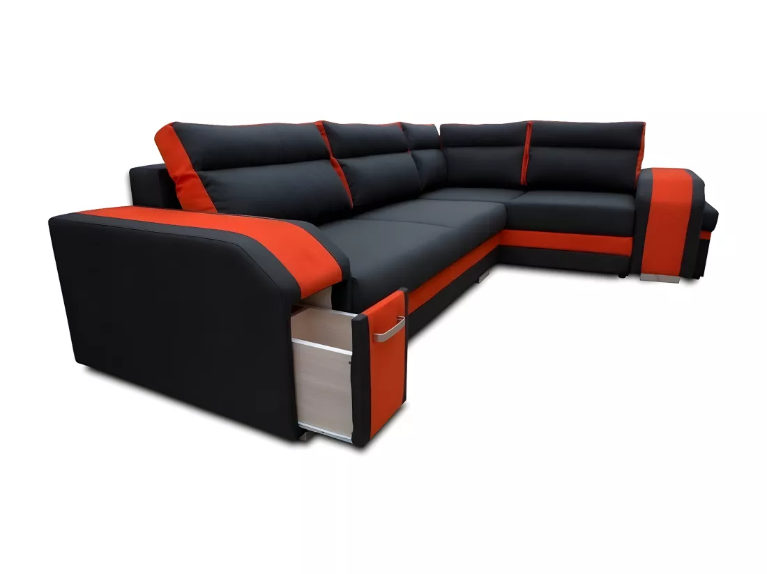 Canapé d'angle Kingsport 100, Noir, Fonction de couchage, Boîte de literie, 300x200x90cm