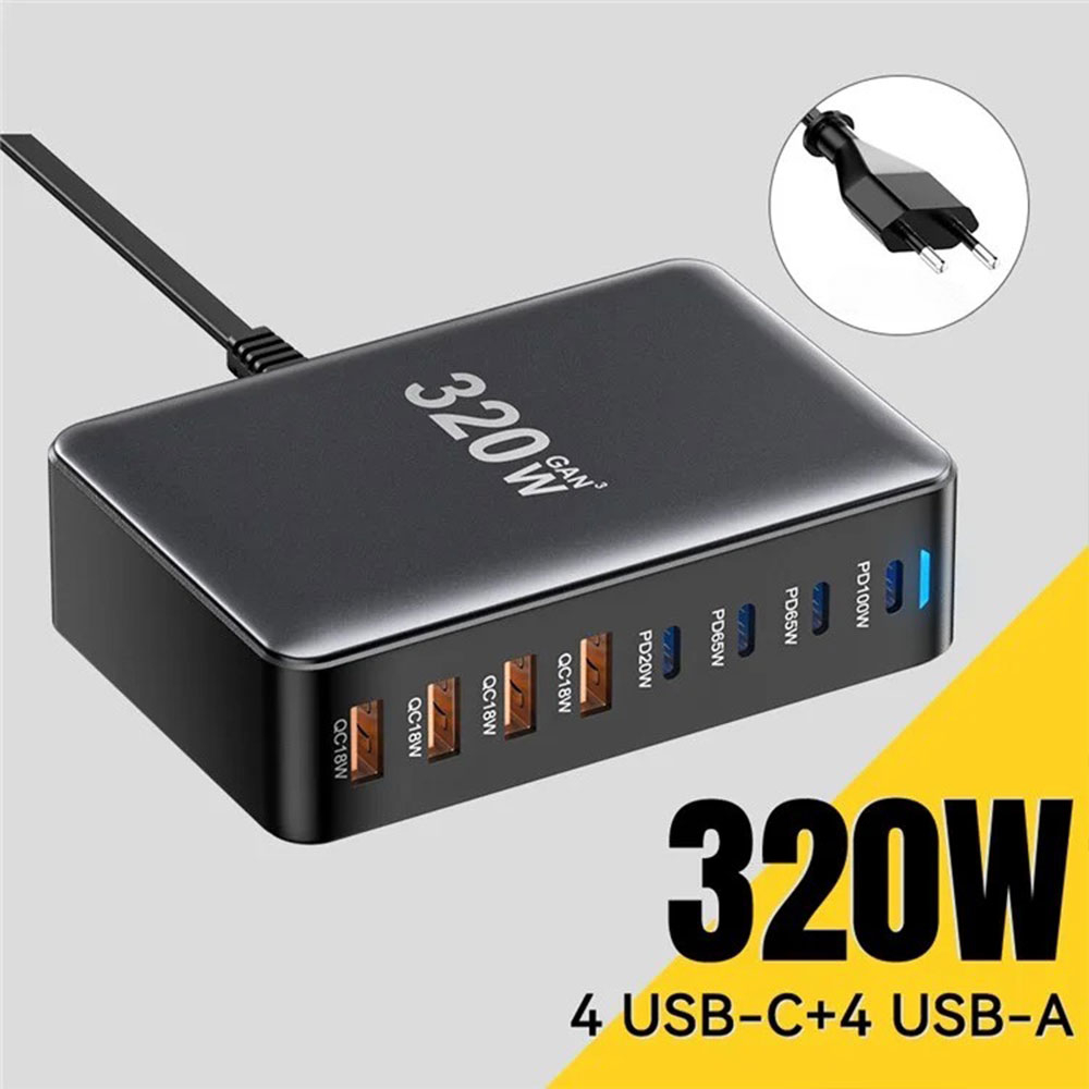 (320W) 4x USB C / 4x USB A Ladegerät Ladestation Power Delivery 3.0 / Quick Charge 4.0 mit Halterung   Netzladekabel - Schwarz