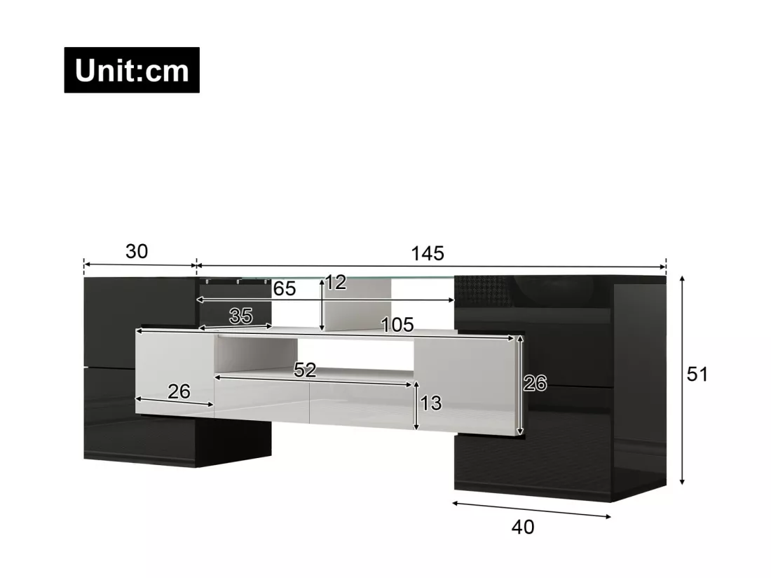 Meuble TV 2 tiroirs 6 portes et 3 niches, avec LEDs, charge max 60kg, Noir+Blanc, 145x30x51cm