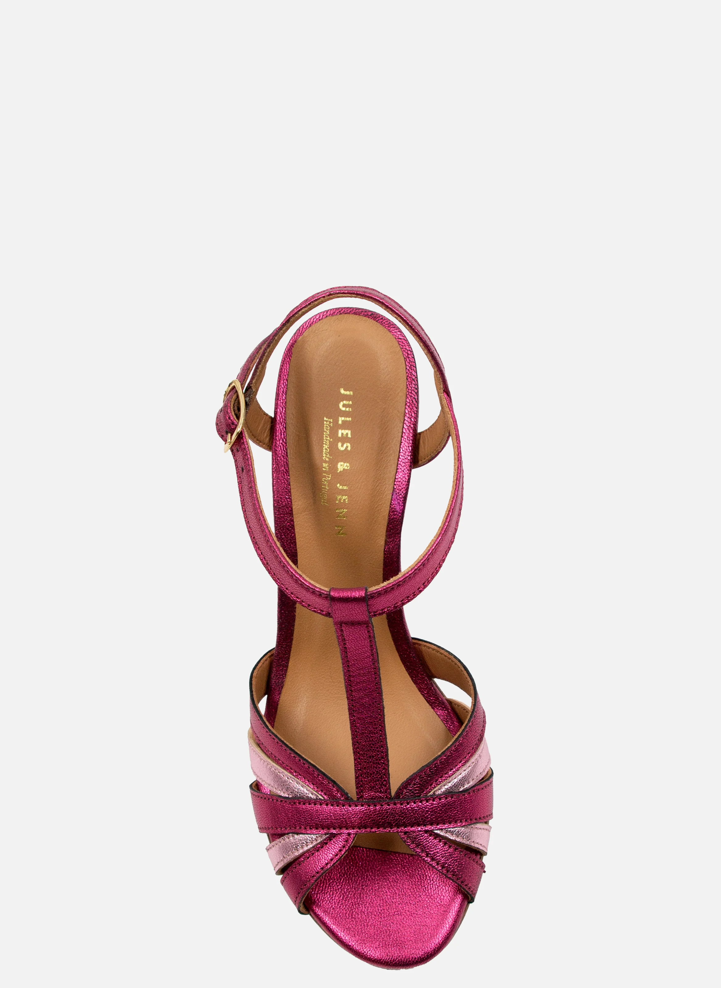 Sandales talon brides cuir métalisé | Rose