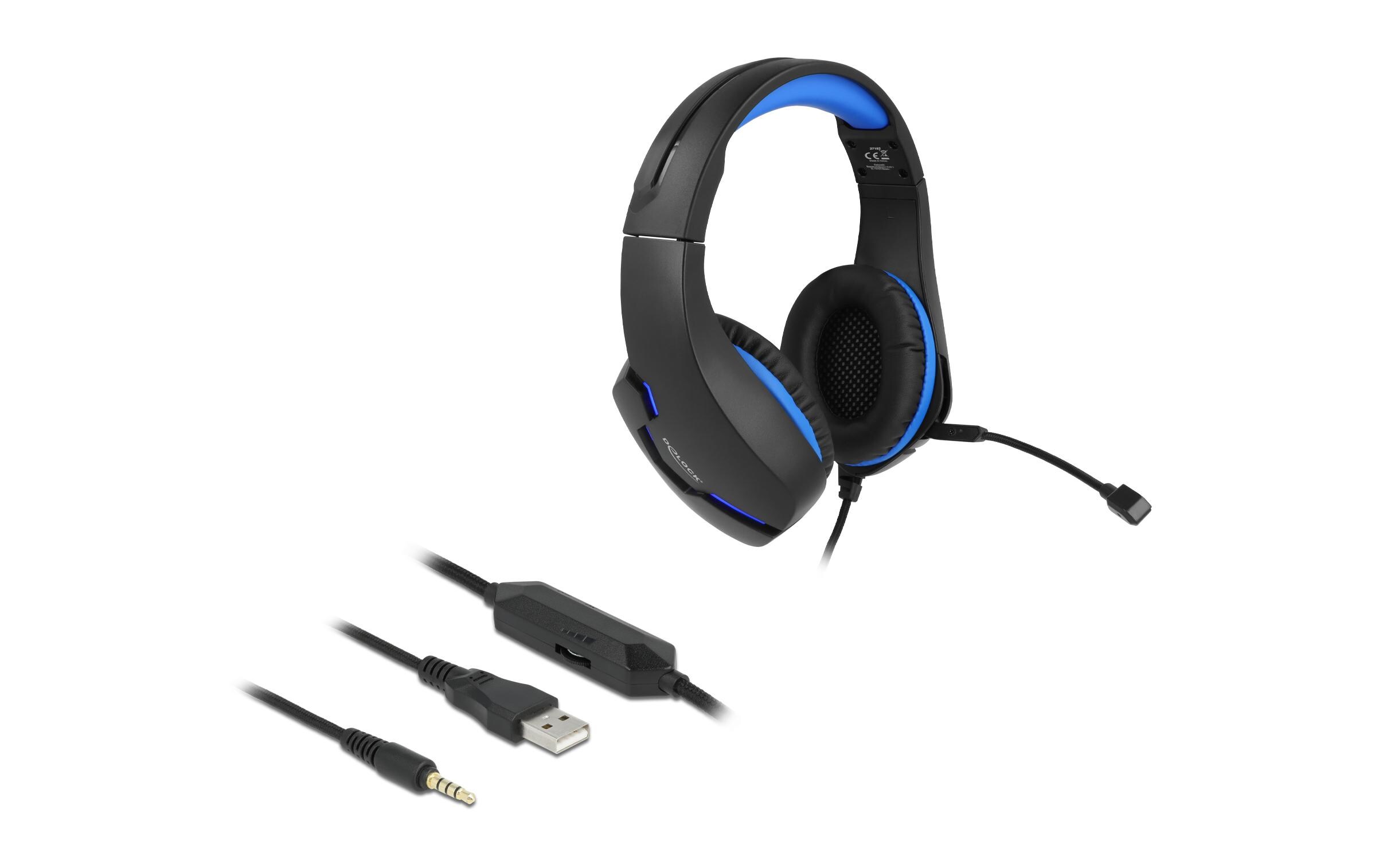 Headset Gaming Over-Ear LED für PC,Notebook,Konsolen SchwarzDelock Gaming Headset Over-Ear mit 3.5 mm Klinkenstecker und blauem LED Licht für PC, Notebook und Spielekonsolen