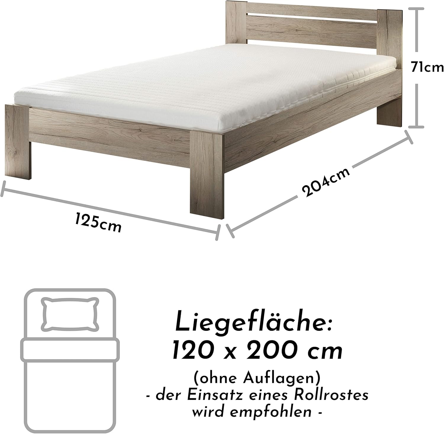 CANNES Futonbett 120 x 200 cm - Minimalistisches Jugendzimmer Bett in Eiche San Remo Optik - 125 x 71 x 204 cm (B/H/T)