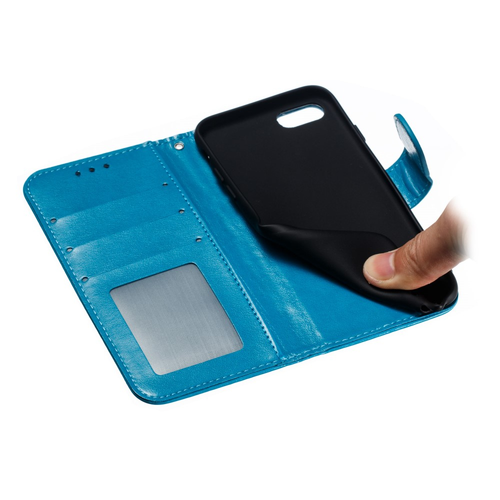 iPhone SE (2022/2020) / 8 / 7 Leder Tasche Wallet - Mandala Flowers Imprint in Blau
