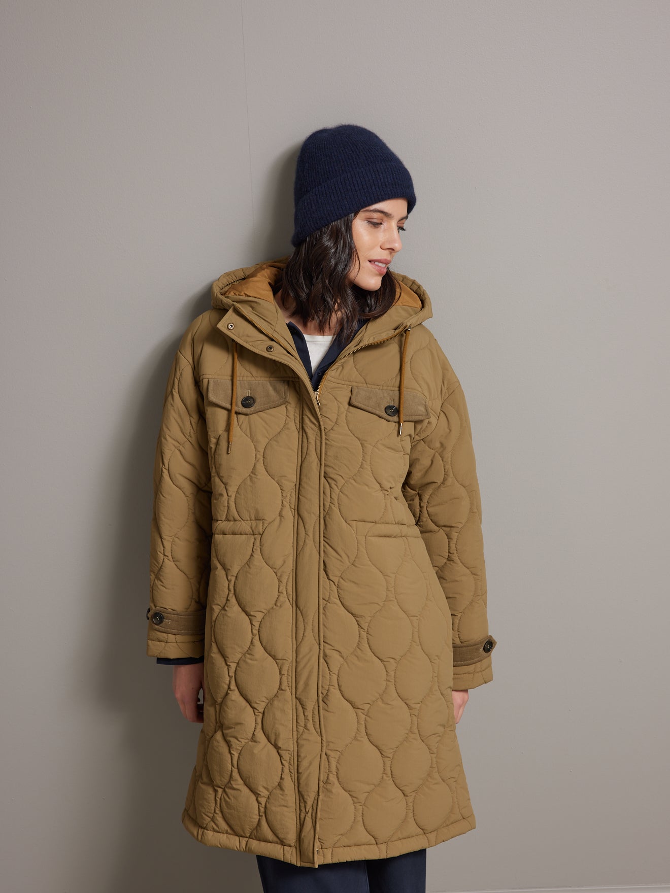 Parka longue matelassée détails velours femme