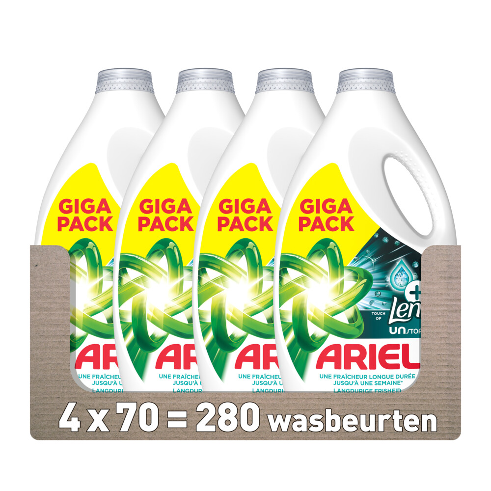 4x Ariel Vloeibaar Wasmiddel +Touch Van Lenor Unstoppables 70 Wasbeurten3150 ml