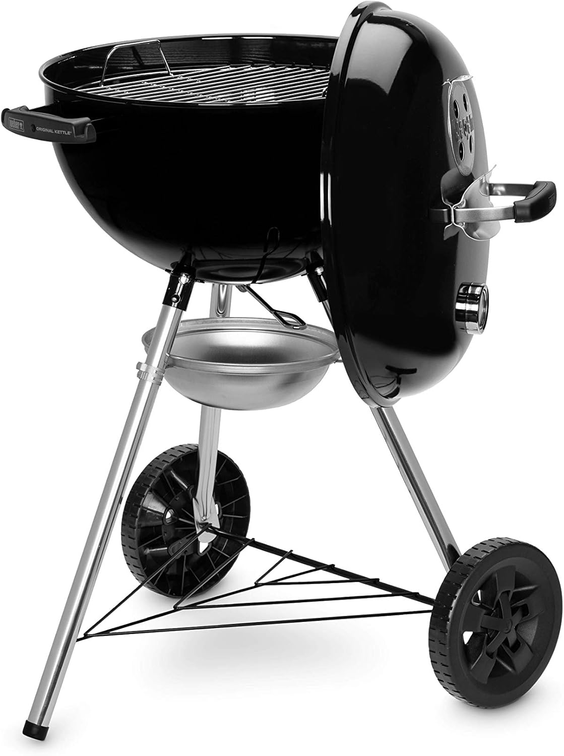 Weber Original Kettle E-4710 Holzkohlegrill/Porzellanemaillierter Deckel und Kessel, 47 cm Grillfläche, One-Touch-Reinigungssystem, Deckelthermometer, Dreibein-Ständer und Räder, Schwarz