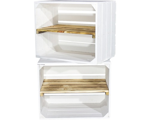 Vintage witte houten fruitkist met middenplank, 50x40x30 cm, set van 3