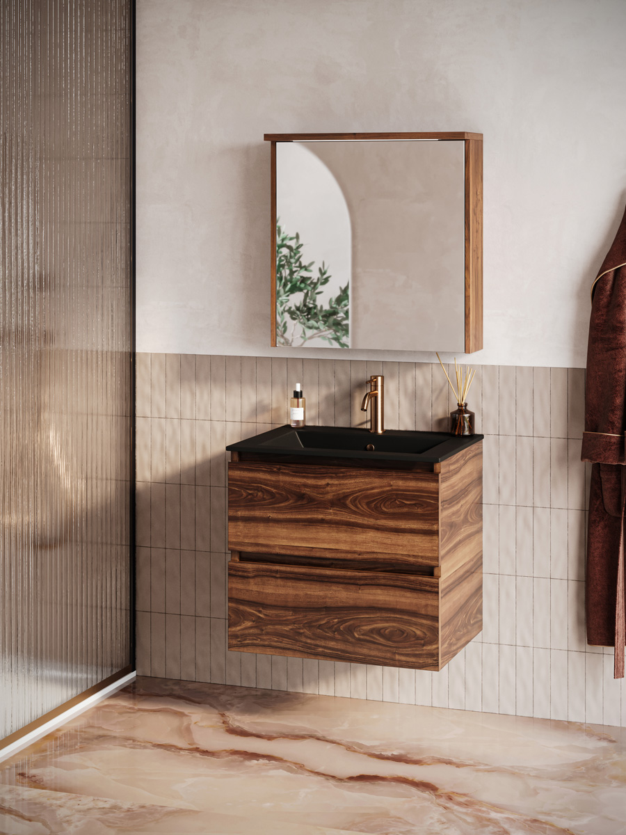 Fontana Rovigo badmeubel 60cm walnoot met zwarte wastafel met kraangat en spiegelkast met verlichting
