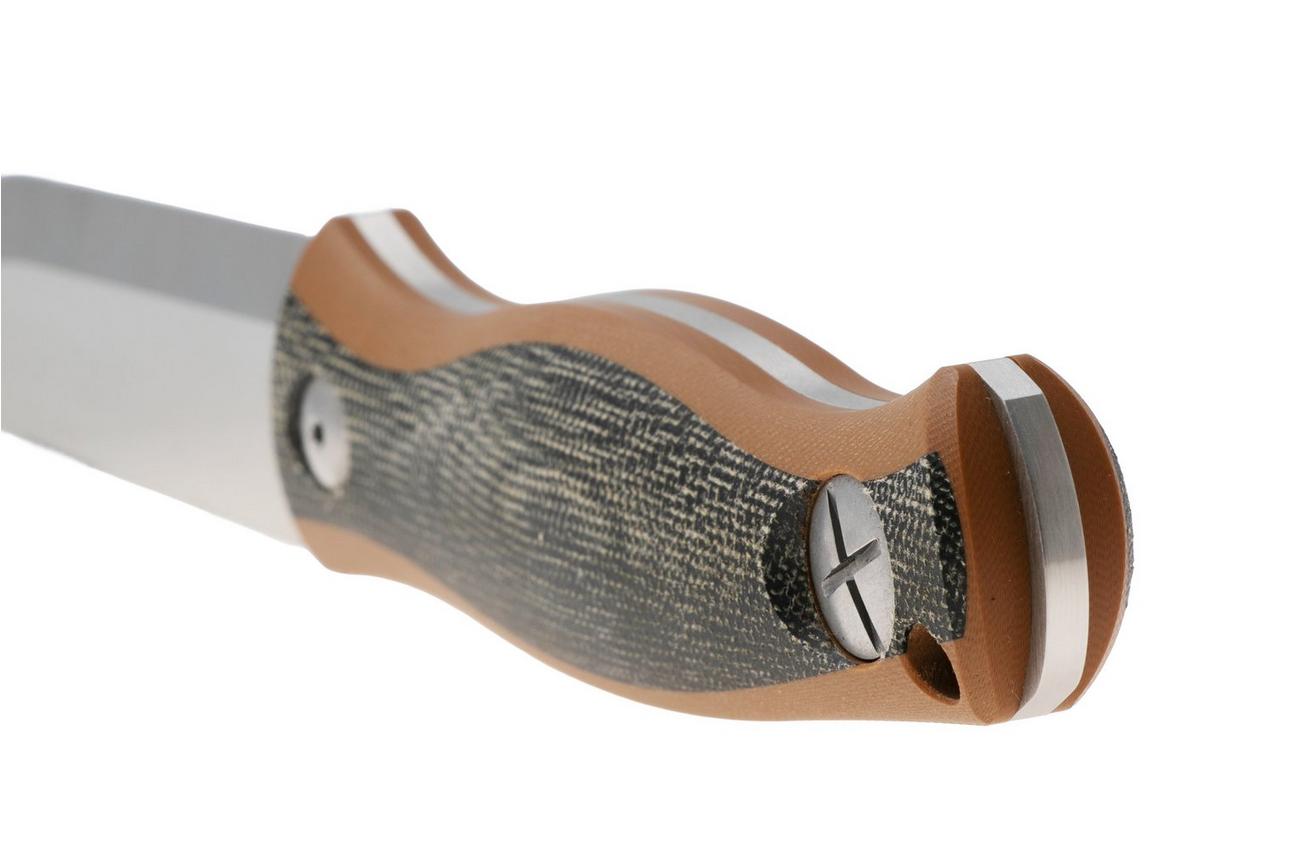 Kizer Polaris 1100A1, Satin AEB-L, Brown G10 / Black Micarta vaststaand mes, Azo design