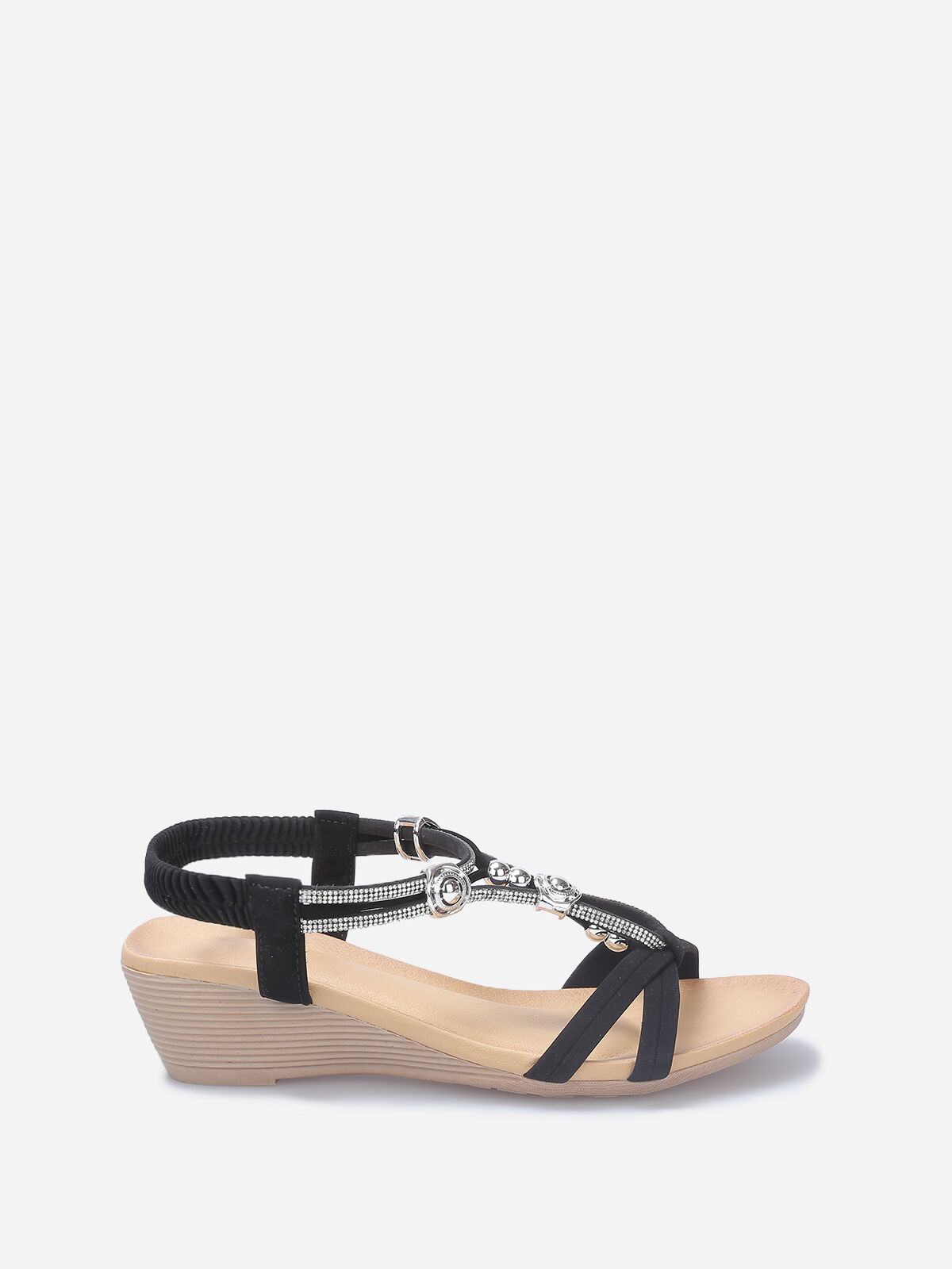 Sandales compensées à perles et strass- Noir