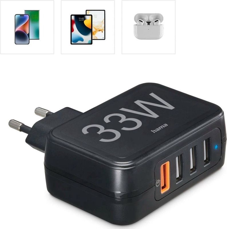 Hama - Snellader 4 Poorten - USB-A - Zwart - 33 W