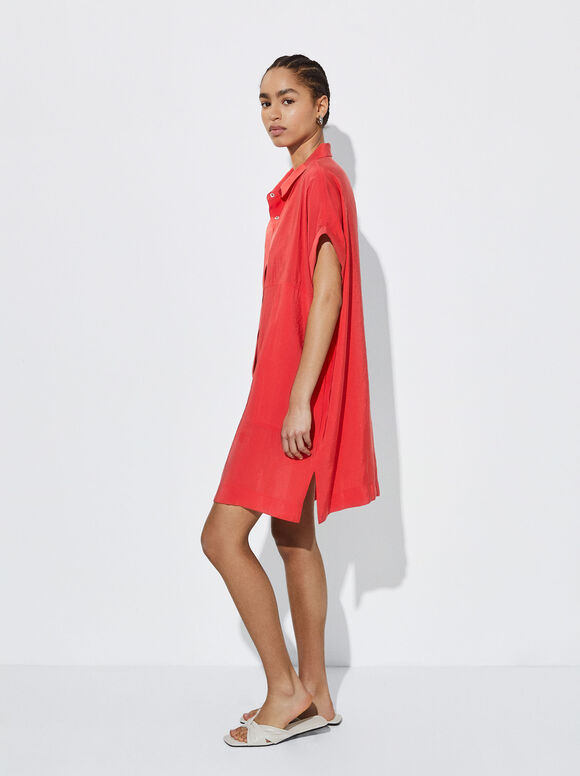 Vestido midi de manga curta - Vermelho