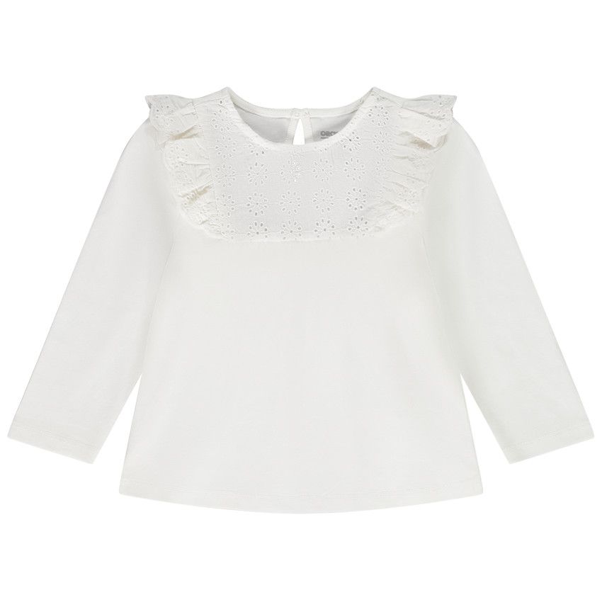 T-shirt manches longues avec col en broderie anglaise pour bébé fille - Ecru