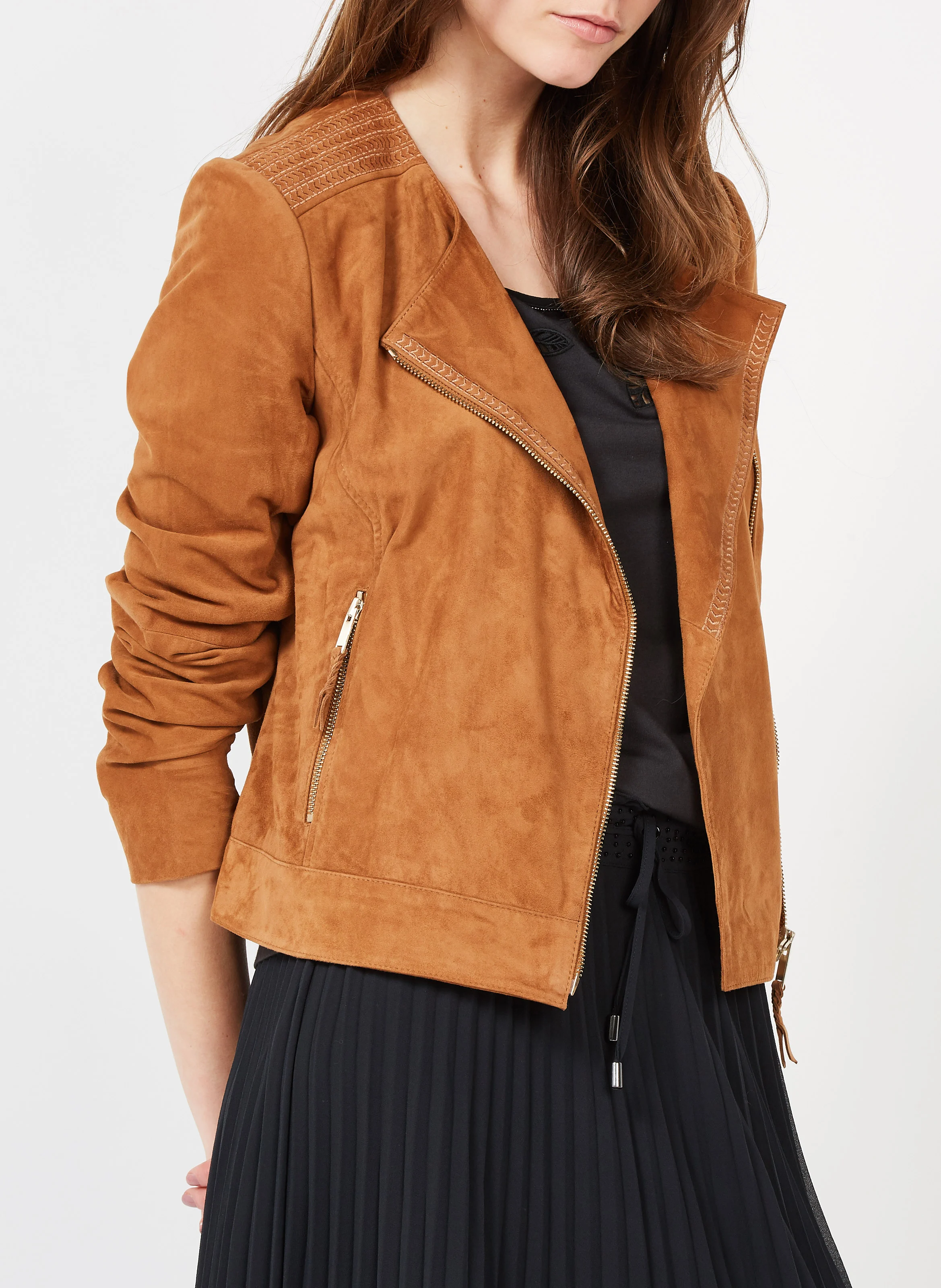 DIYA - Blouson zippé en cuir | Marron