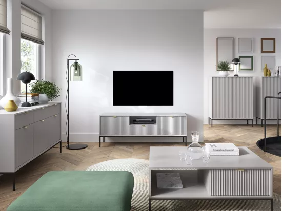 Meuble TV avec 2 portes, 1 tiroir et 1 niche - Gris - LIOUBA de Pascal MORABITO