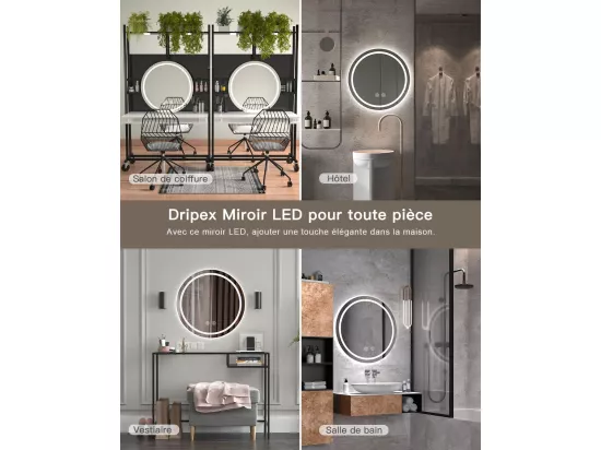 Miroir Rond Salle de Bain avec Eclairage LED, Miroir Maquillage Anti-buée, Miroir Mural 3 Couleurs Dimmable,60x60cm