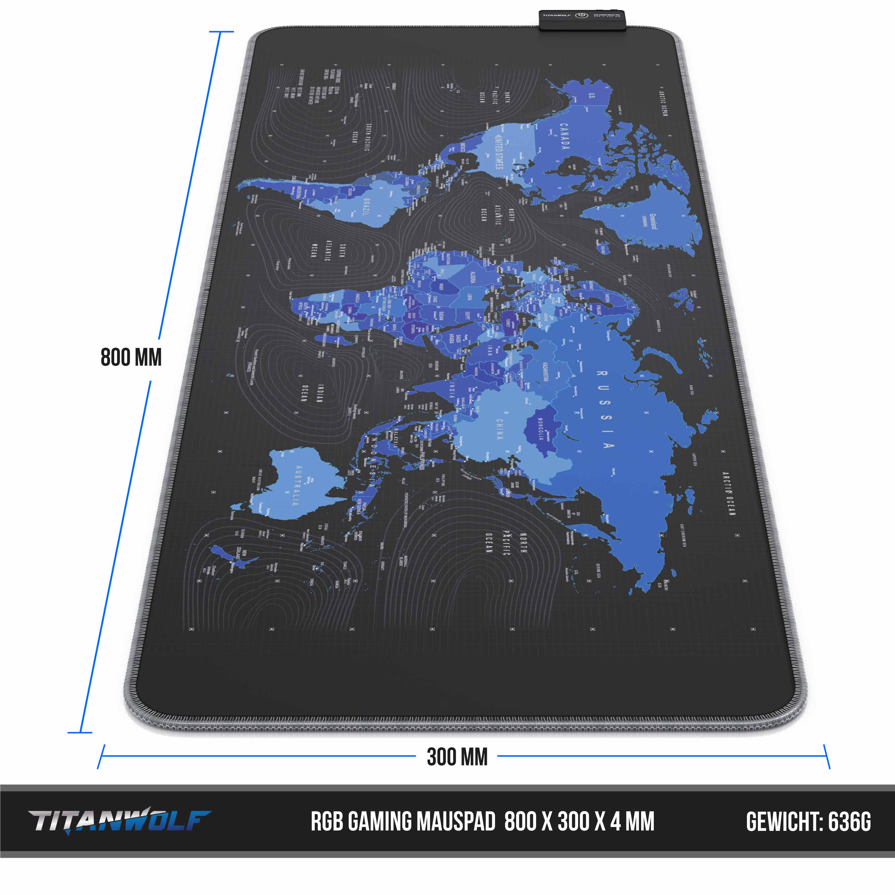 Titanwolf RGB Gaming Mauspad, Mousepad XL 800 x 300mm verbessert Präzision & Geschwindigkeit, Weltkarte blau