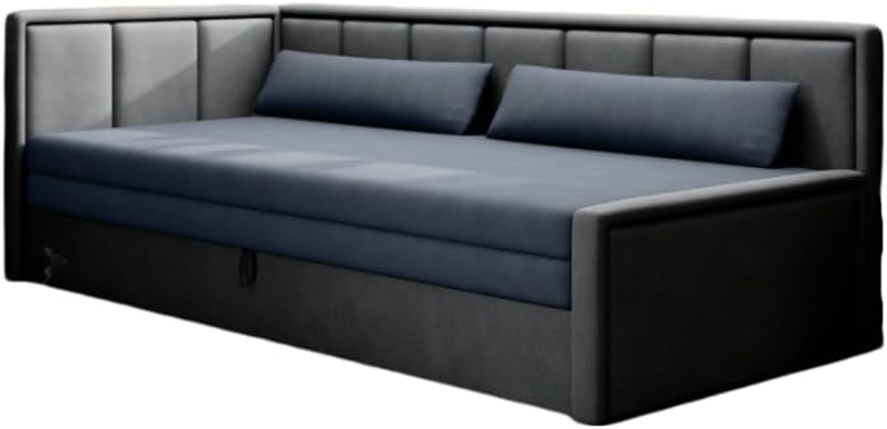 Luxusbetten24 Designer Sofa Fellano mit Schlaffunktion und Stauraum | Bezug: Samt | Farbe: Anthrazit/Blau | Stellvariante: Links