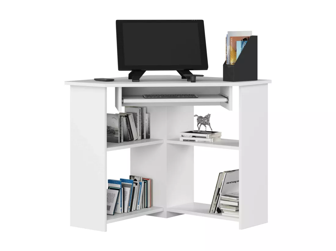 Bureau d'ordinateur AKORD d'angle TED Blanc 80 cm façade Blanche 5 étagères 80x80x74 cm