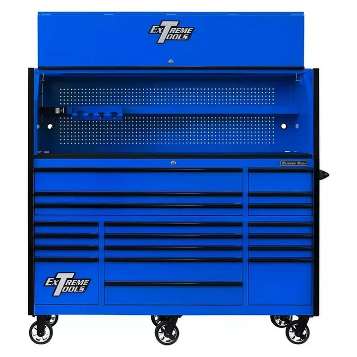 EXTREME TOOLS 72 RX SERIES 19-DRAWER 30 DEEP ROLLER CABINET W/HUTCH - BLUE W/BLACK DRAWER PULLS