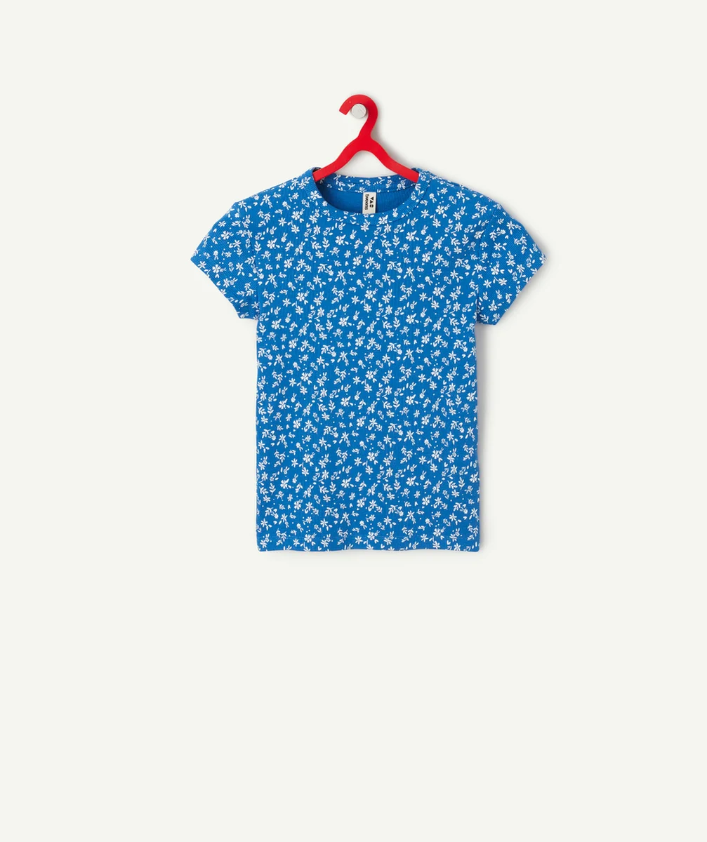 t-shirt manches courtes fille en coton bio côtelé bleu électrique et imprimé fleuri