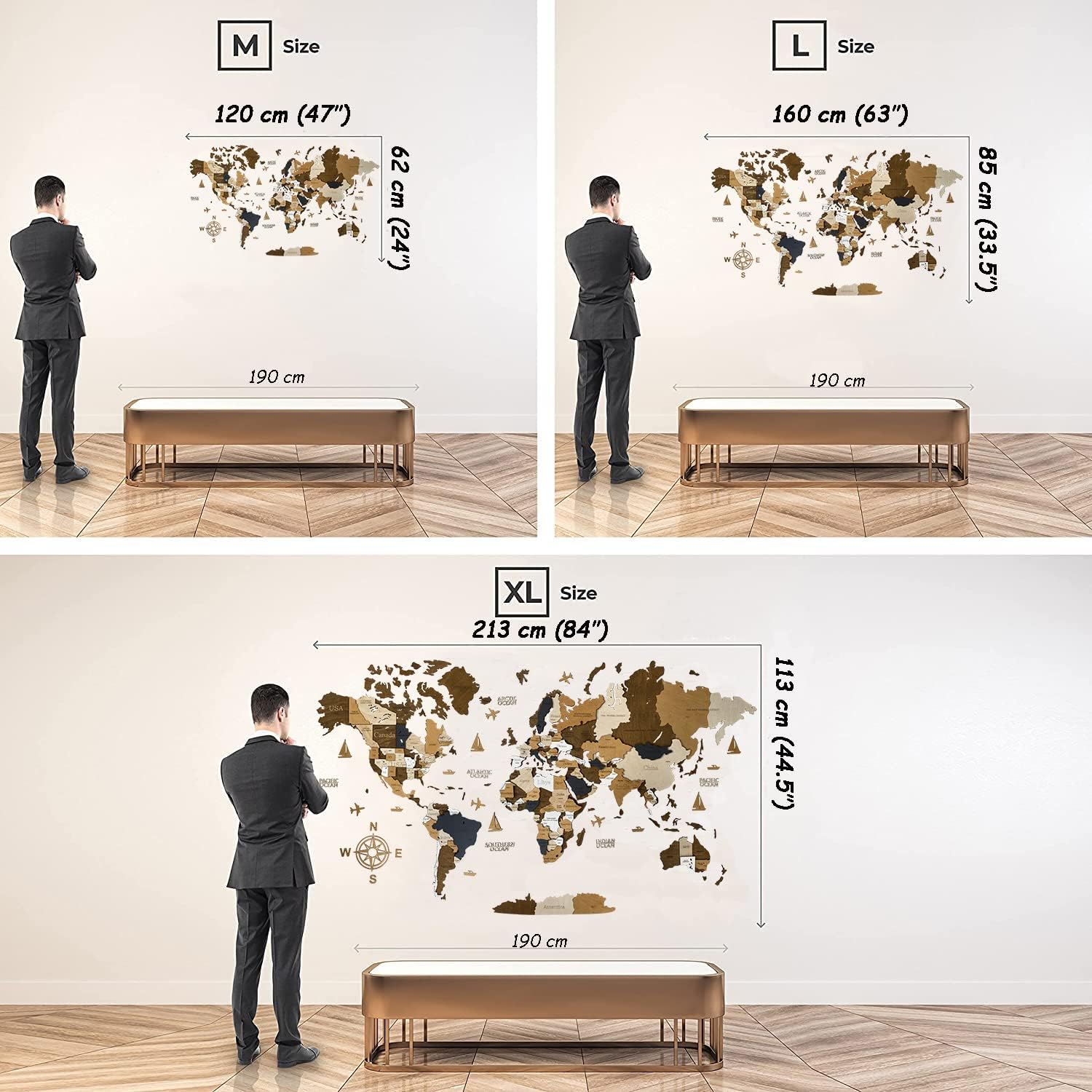 Holz-Weltkarte, 3D-Kunst, große Wanddekoration, für jeden Anlass, in den Größen M, L, XL, Geschenkidee, Wandkunst für Zuhause, Küche oder Büro