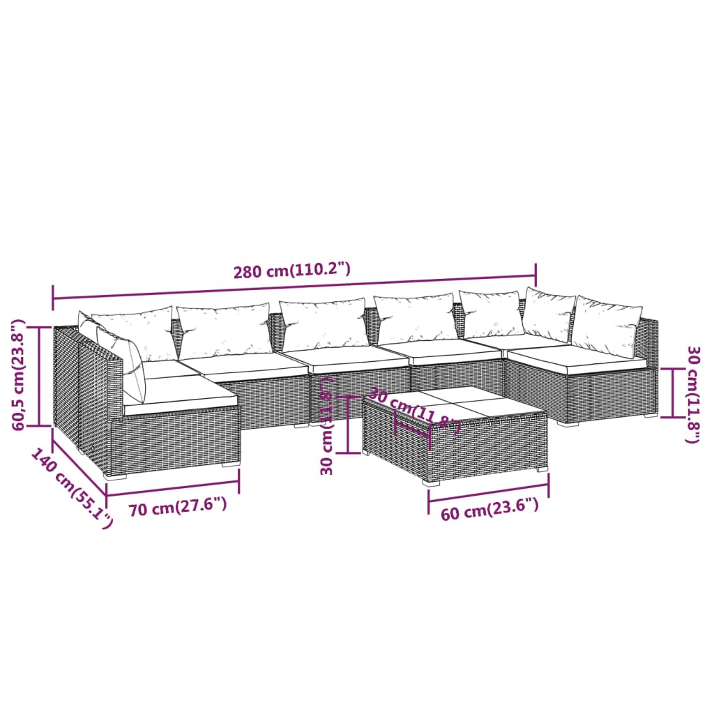 Salon de jardin meuble d'extérieur ensemble de mobilier 8 pièces avec coussins résine tressée gris