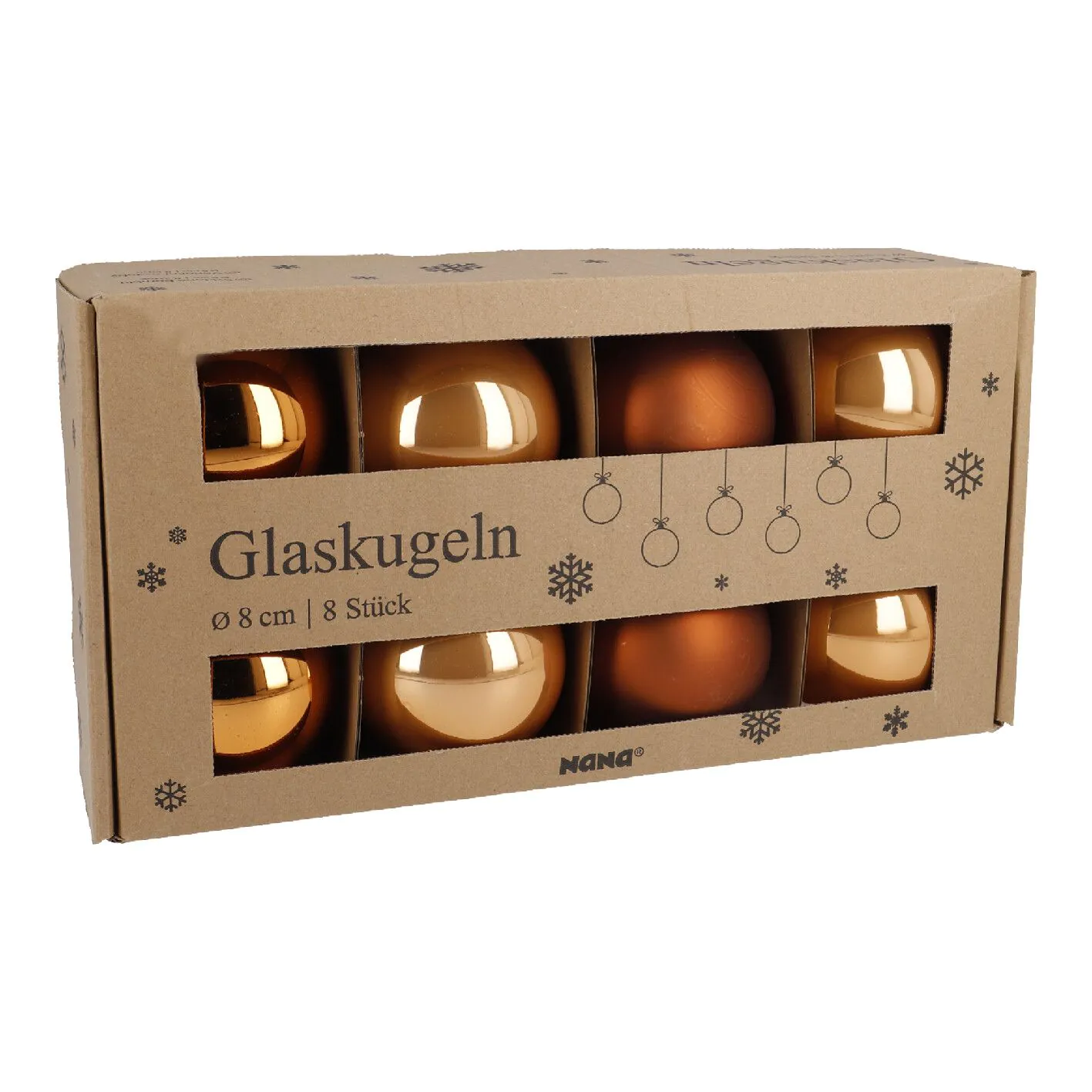 8er Weihnachtskugel Set Glaskugeln 8 cm, orange/braun