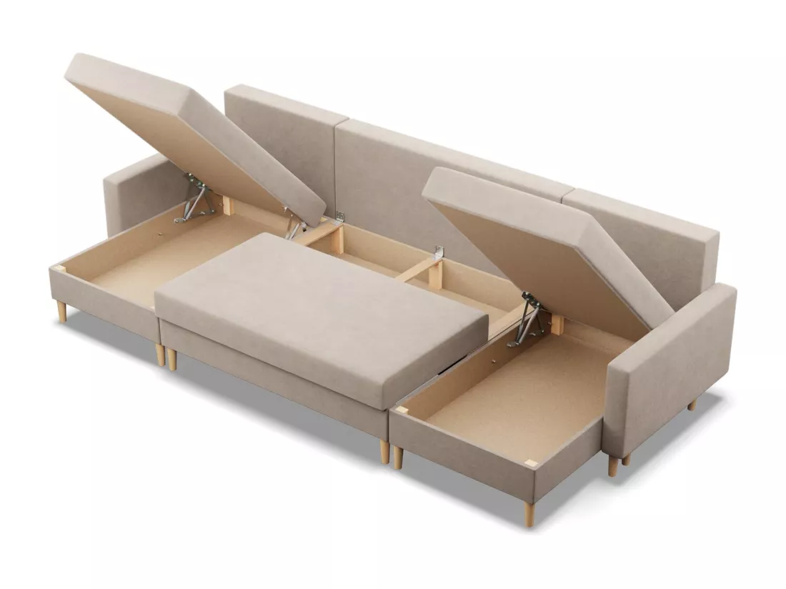 Grand Canapé d'angle en U avec fonction sommeil, Coussin réversible, Bonell, Beige