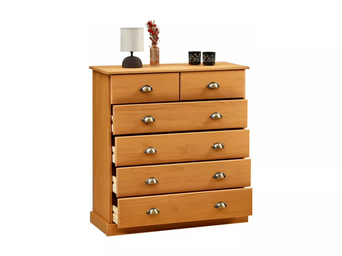 Commode chambre PARIS L 91 cm en bois massif lasuré brun avec 6 tiroirs avec poignées coquille en métal style campagne
