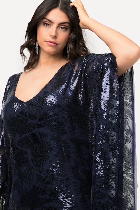 Cape-Kleid, doppellagig, Pailletten, V-Ausschnitt, 3/4-Arm