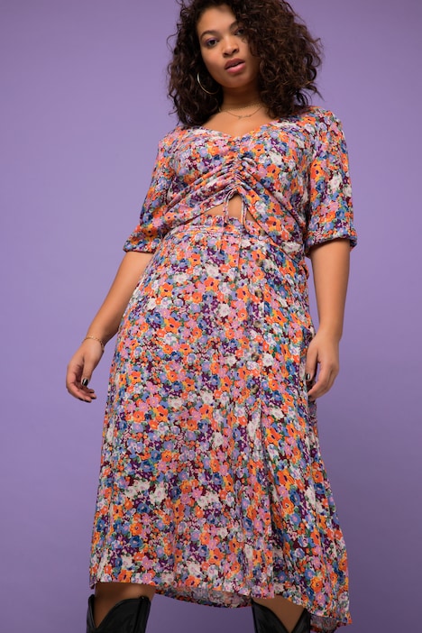 Midirock, A-Line, Flower Print, Fake-Knopfleiste