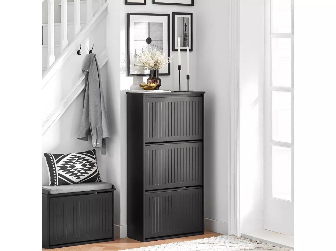 SoBuy Meuble à Chaussures Meuble d'entrée Meuble de Rangement à Chaussures avec 3 Abattants pour Petite Entrée Couloir, Noir, LPH 61x26x120 cm, FSR165-H-SCH