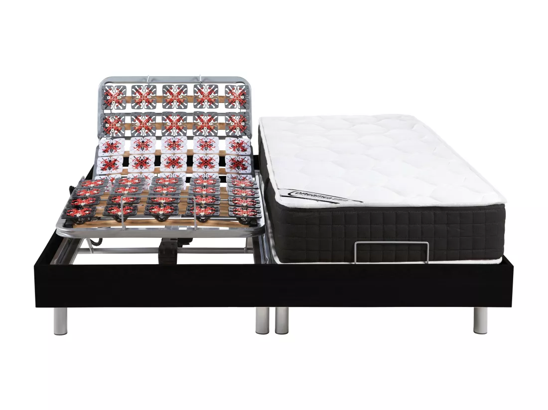 Lit électrique de relaxation tout plots + matelas ressorts ensachés et mémoire forme - 2 x 90 x 200 cm - Noir - PHANES de YSMÉE