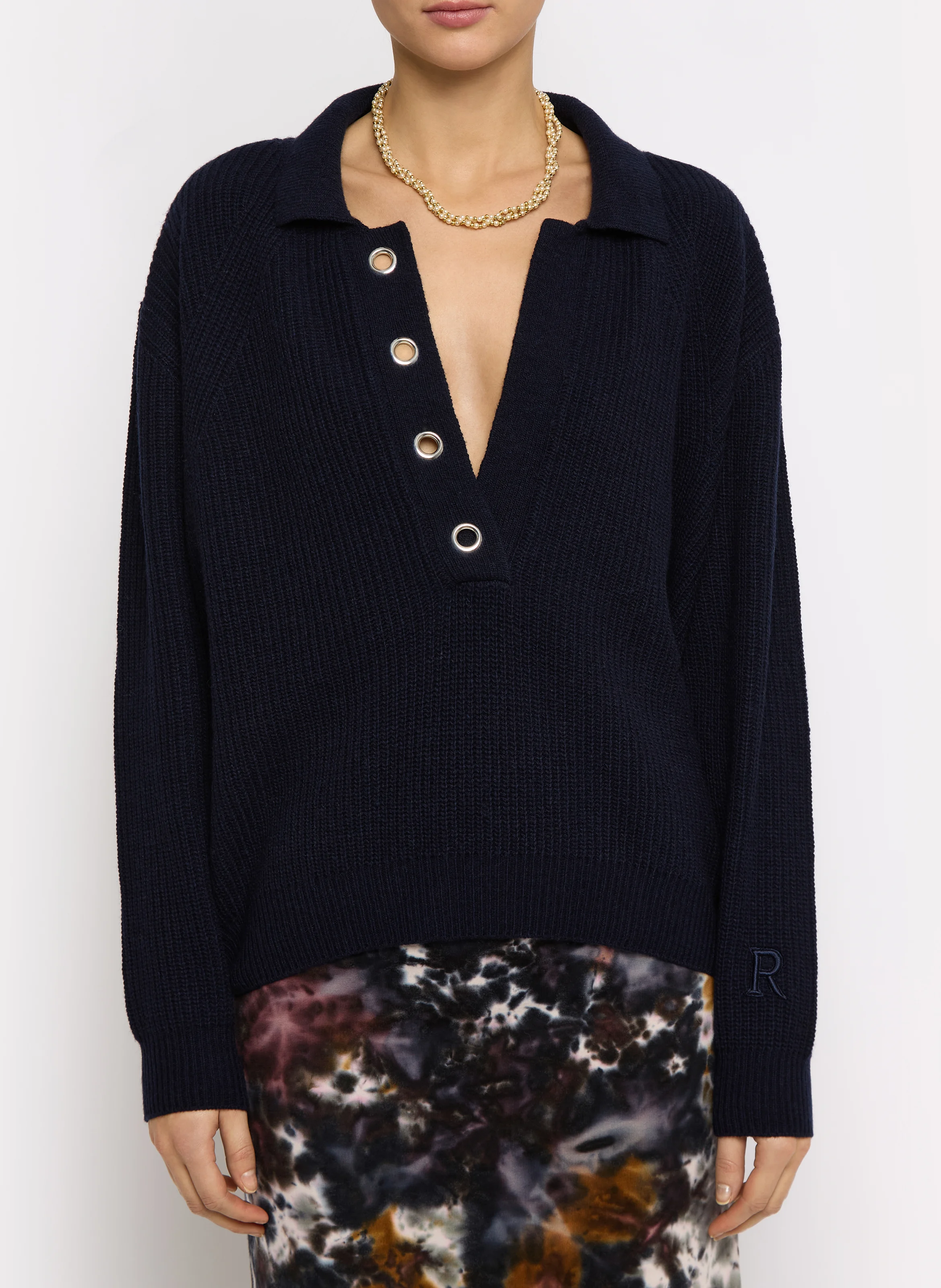 WILLIAM - Pull col v à revers avec oeillet en laine mélangé | Bleu
