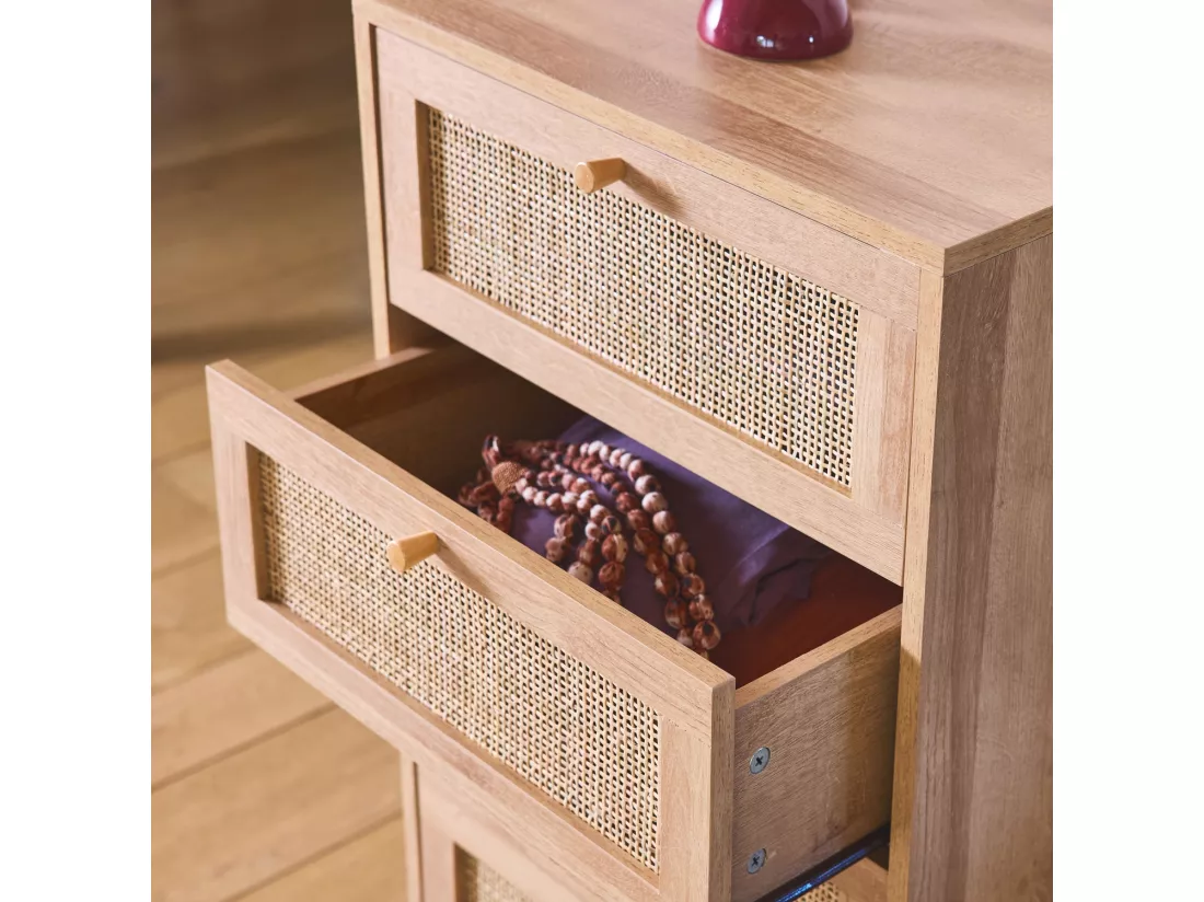 Commode chiffonnier 4 tiroirs effet bois et cannage