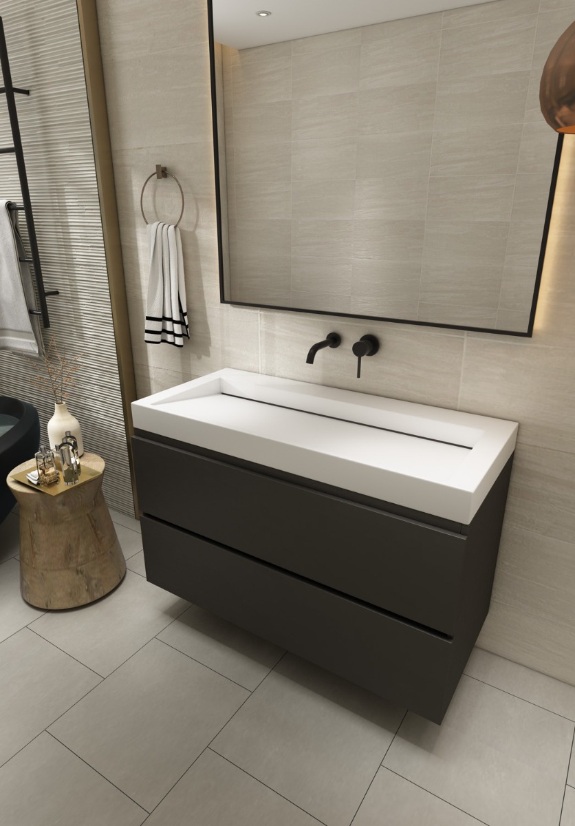 Fontana Elena badkamermeubel 100cm zwart met solid surface wastafel zonder kraangat