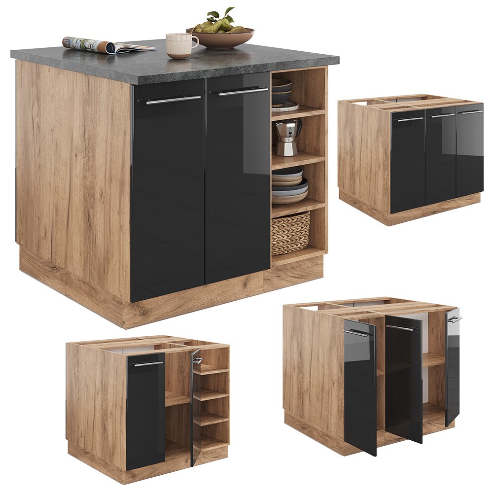 Vicco Kücheninsel Küchenblock Einbauküche Fame-Line Eiche Anthrazit 90 cm modern Hochglanz Küchen Schränke Regalunterschrank Küchenunterschrank Regalinselunterschrank Softclose-Scharnier Küchenmöbel