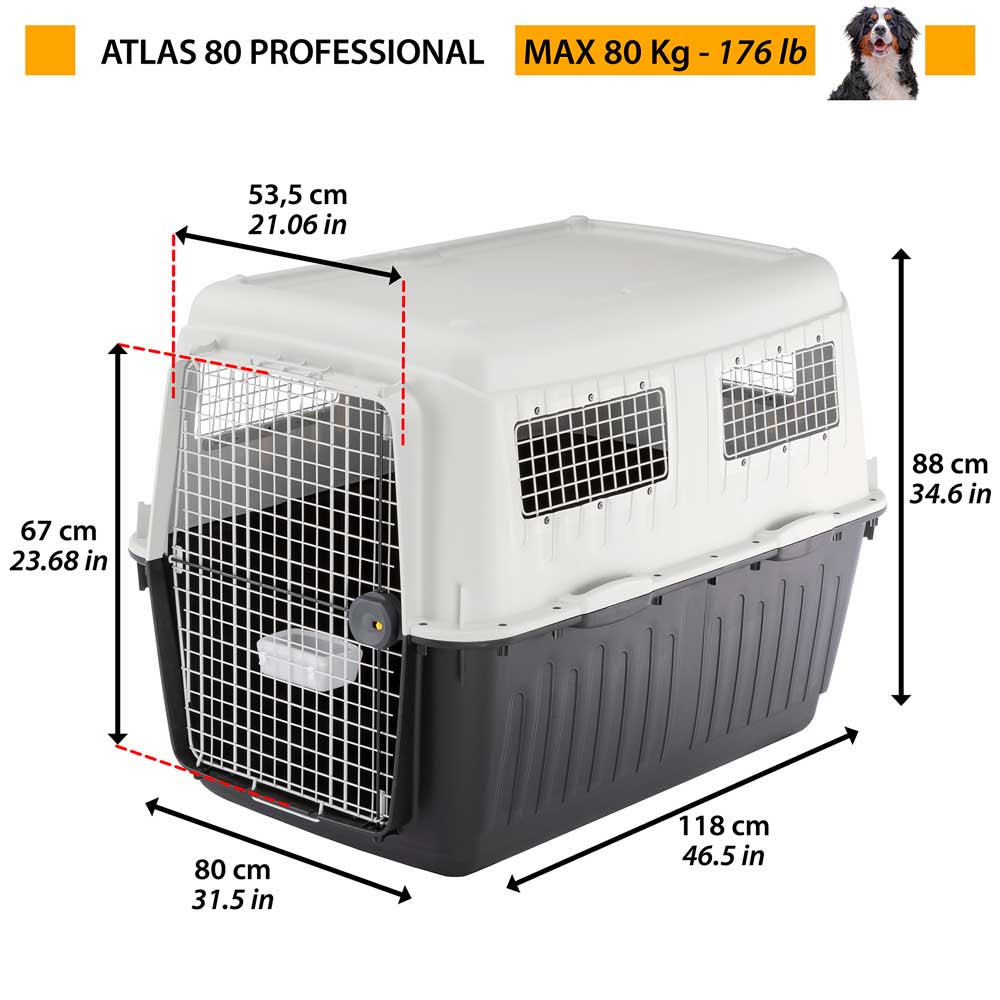 Transport pour grands chiens atlas 80, avec mangeoire et accessoires, fermeture de sécurité, grilles d'aération