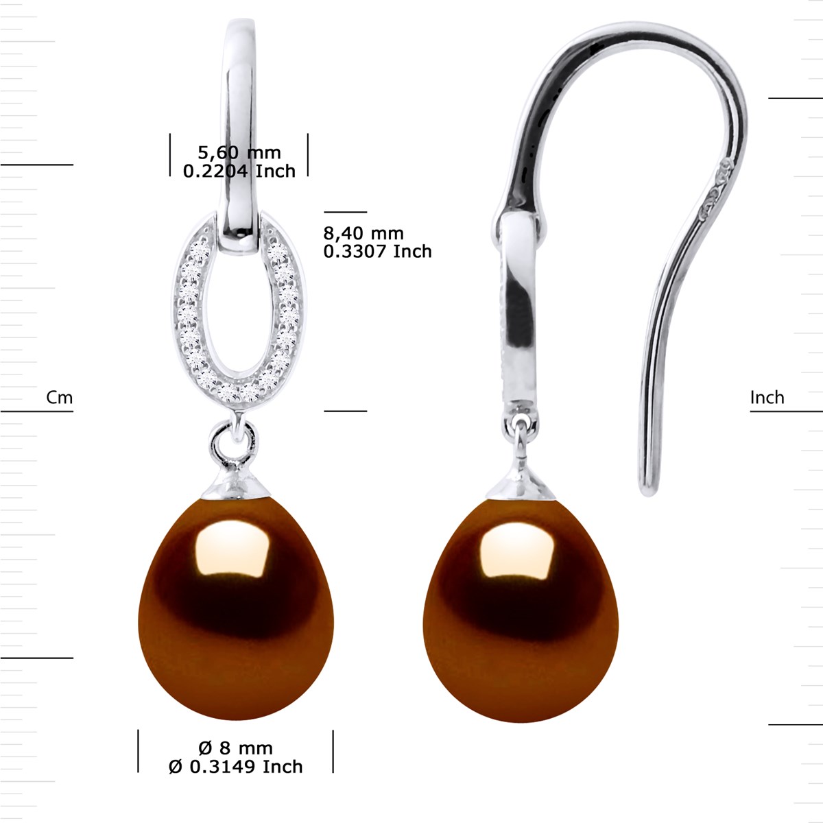 Crochets d'Oreilles Perles d'Eau Douce Poires 8-9 mm Chocolat Joaillerie Argent 925