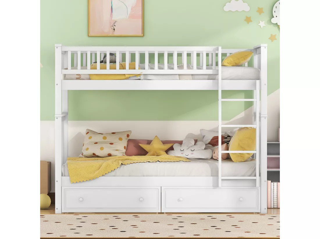 Lit Mezzanine Enfant 90 X 200 cm En Pin - Lits Superposés Avec 2 Tiroirs - Blanc